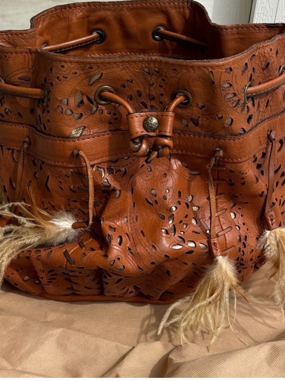 Patricia NashLeather Drawstring Tote in Cognac